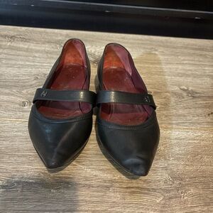 CHANEL Black Leather Pointed Mary Jane Flats with Burgundy Lining